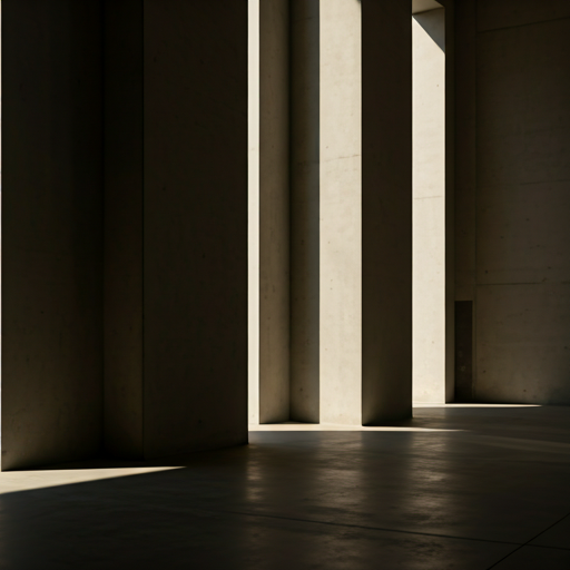 Abstract architectural close-up: minimal concrete pillars, sharp shadows, soft neutral daylight
